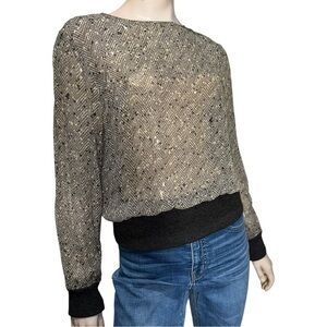 Valentino Vtg 10 Black Tan Printed Ribbed Sweater Knit Waist Wrist Blouse Top
